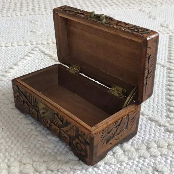 Antique Asian Scenes Hand Carved Ornamental Wood Box/Brass